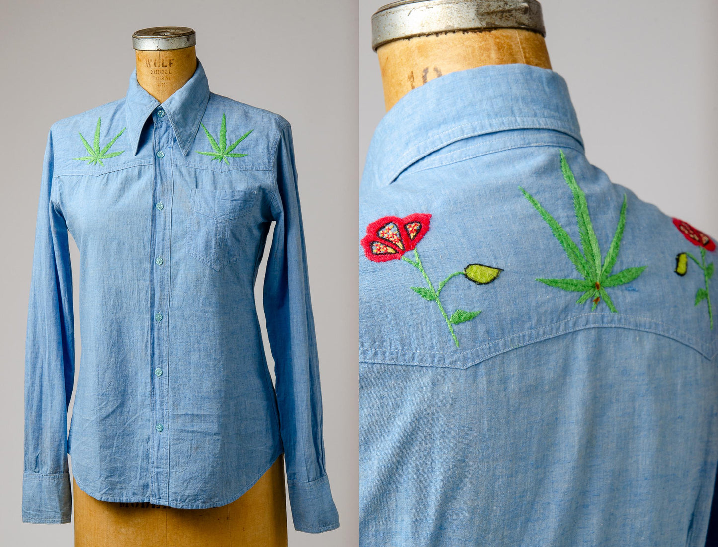 Vintage Embroidered Chambray Poppies and Weed Leaf Hippie Shirt