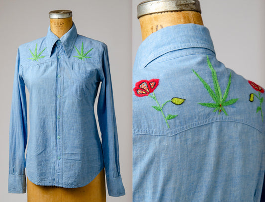 Vintage Embroidered Chambray Poppies and Weed Leaf Hippie Shirt