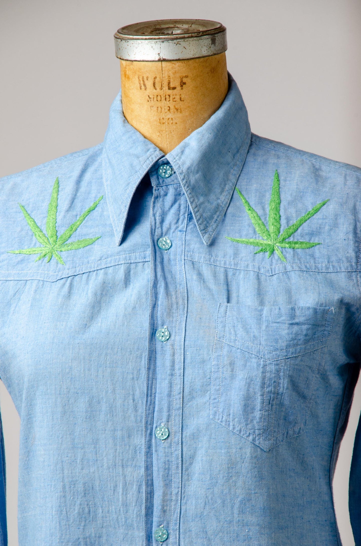 Vintage Embroidered Chambray Poppies and Weed Leaf Hippie Shirt