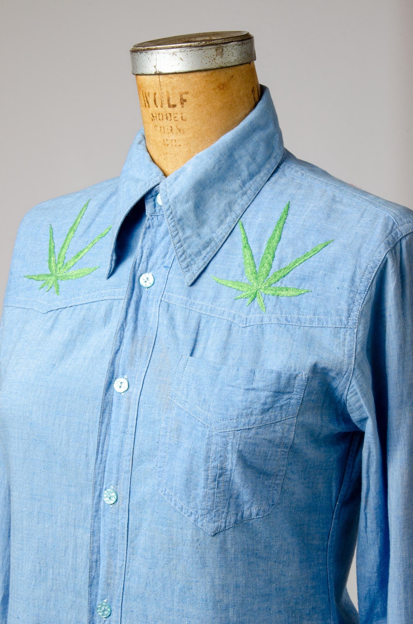 Vintage Embroidered Chambray Poppies and Weed Leaf Hippie Shirt