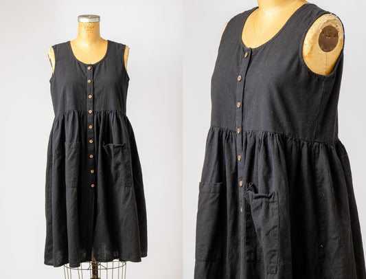 Black Linen Empire Waist Cotton Linen Full Length Summer Dress