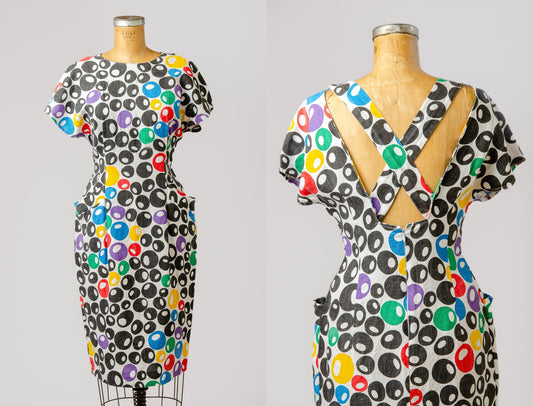 1980s Olive Print Dress Linen Open Back Avant Garde Dress