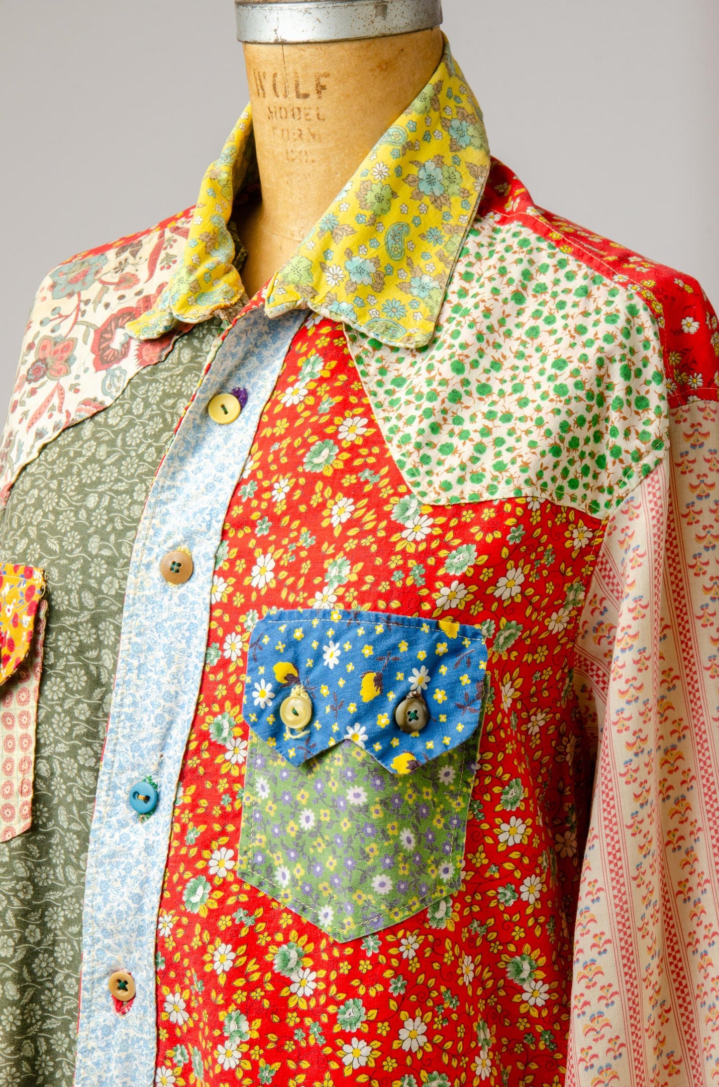 1970s Krazy Patchwork Pop Art Button Down Hippie Western Shirt