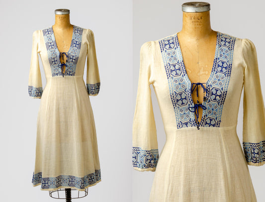 1970s Star of India Hand Embroidered Ivory Gauze Cotton Dress