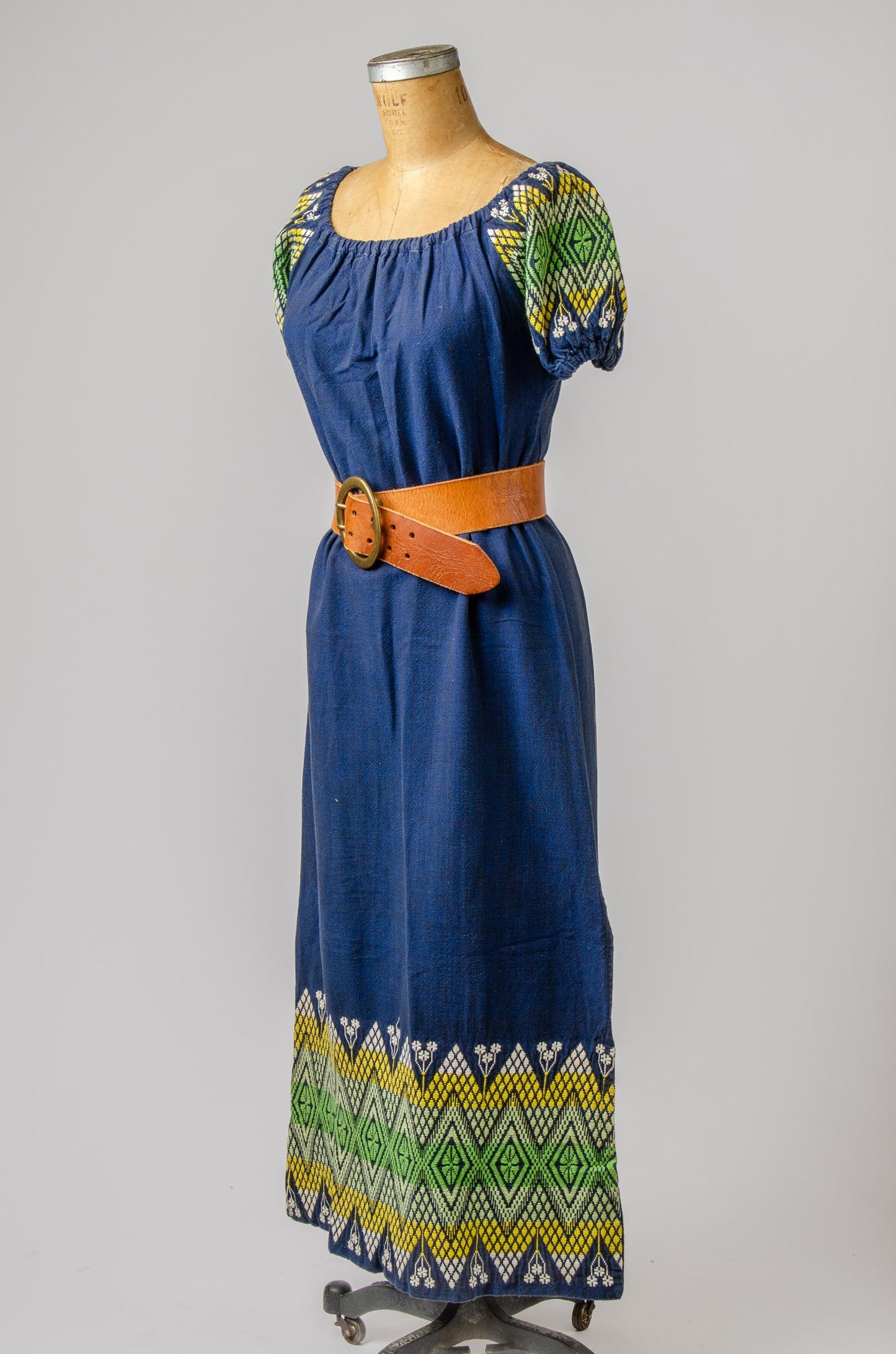 1960s Embroidered Guatemalan Off Shoulder Handloom Cotton Full Length Dress