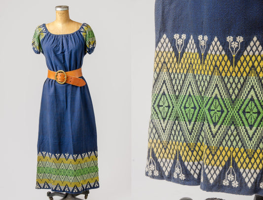 1960s Embroidered Guatemalan Off Shoulder Handloom Cotton Full Length Dress