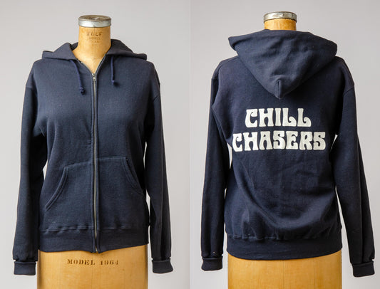 Vintage Zip Up Sweatshirt Chill Chasers Navy Blue Hooded Cotton Hoodie