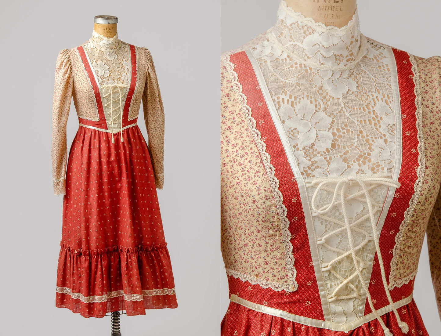 1970s Gunne Sax Prairie Dress Corset Front Mauve Bohemian Hippie Dress