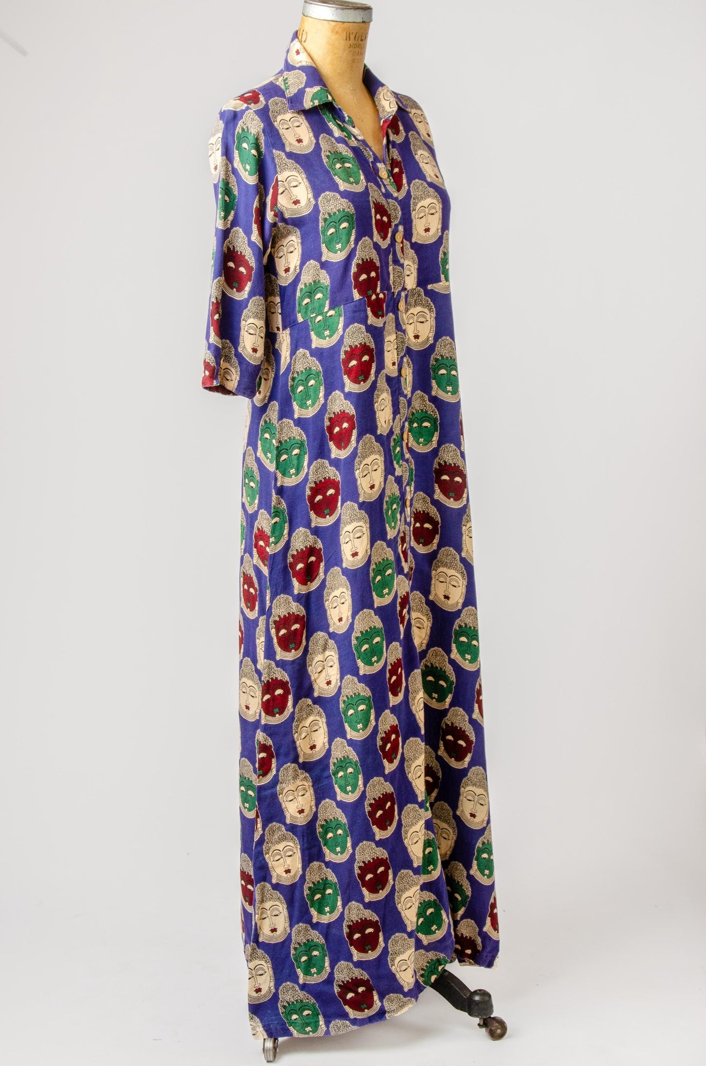 90s Buddha Novelty Print Rayon Button Down Dress