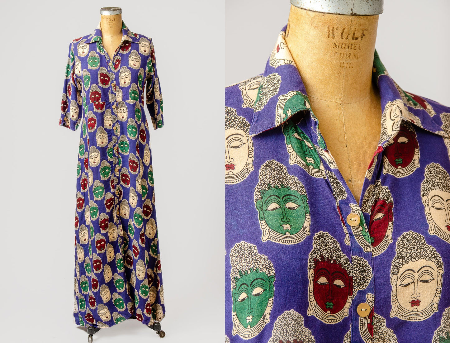 90s Buddha Novelty Print Rayon Button Down Dress