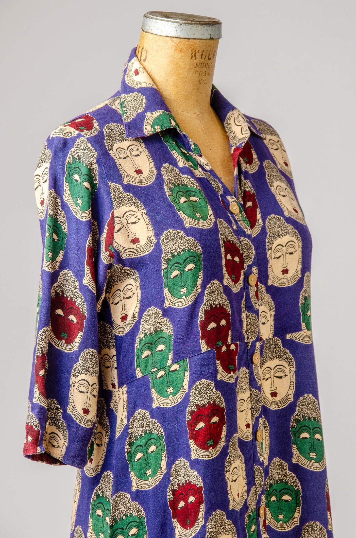 90s Buddha Novelty Print Rayon Button Down Dress