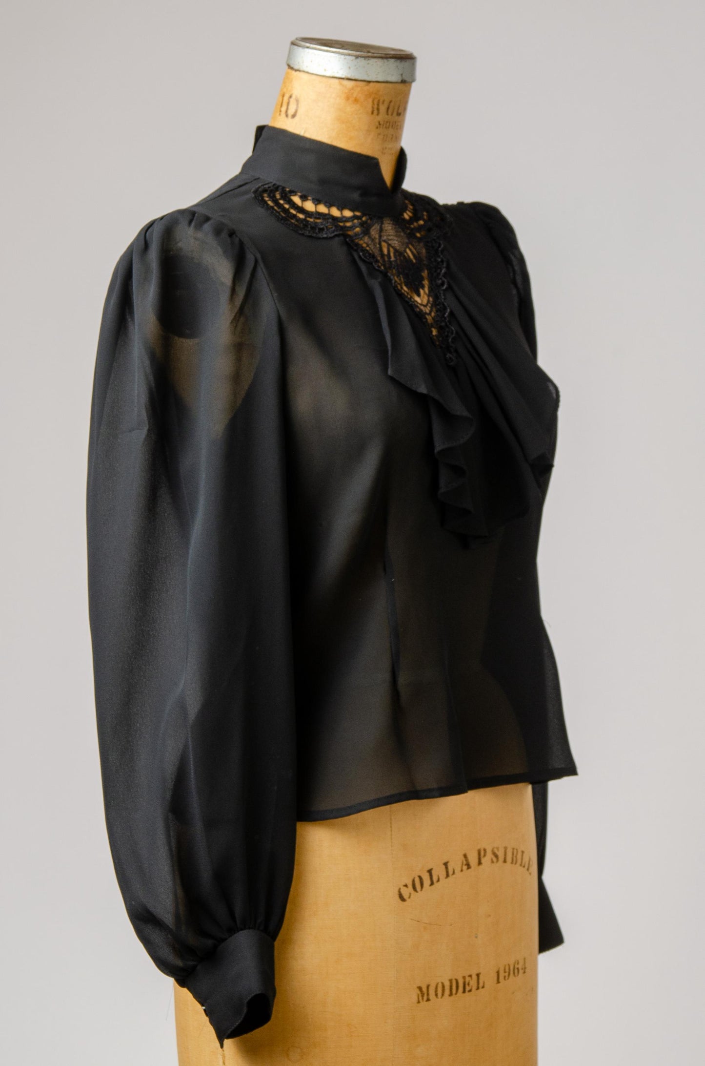 1980s Deco Style Ruffled Black Sheer Rayon Blouse