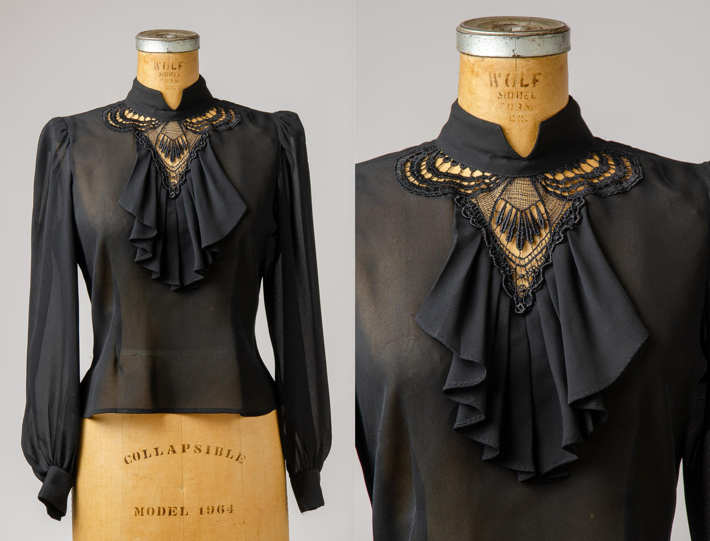 1980s Deco Style Ruffled Black Sheer Rayon Blouse
