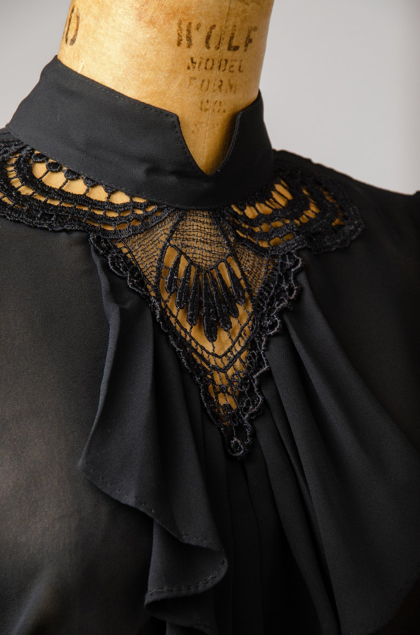 1980s Deco Style Ruffled Black Sheer Rayon Blouse