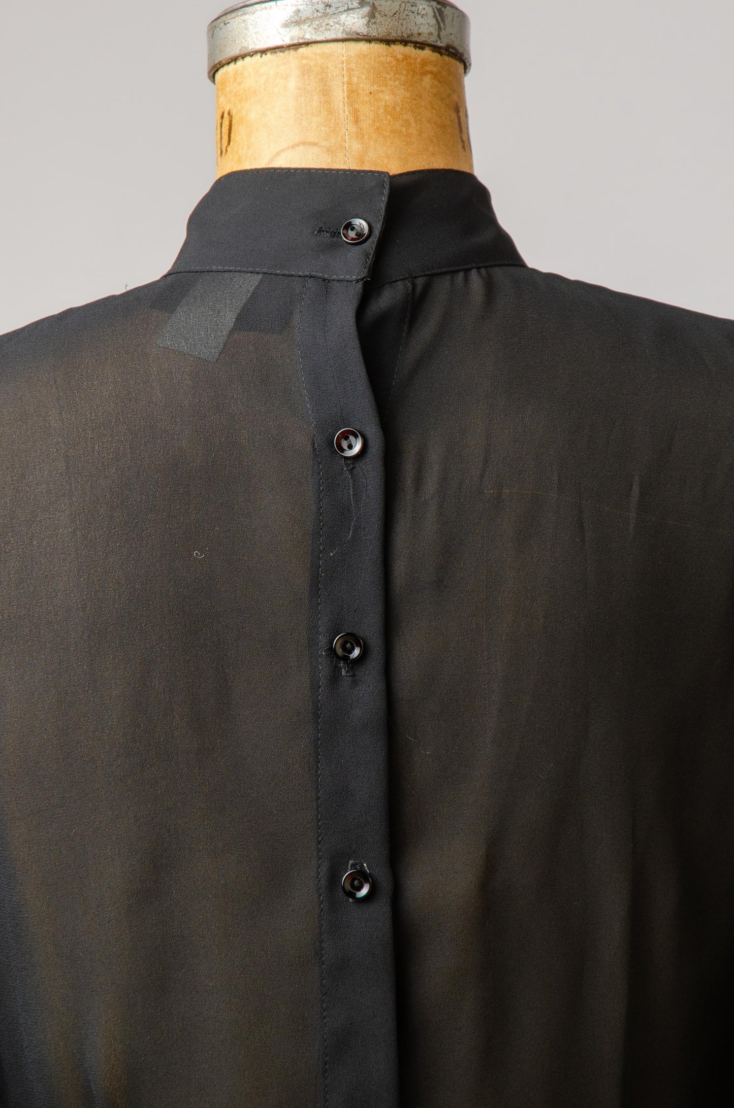 1980s Deco Style Ruffled Black Sheer Rayon Blouse