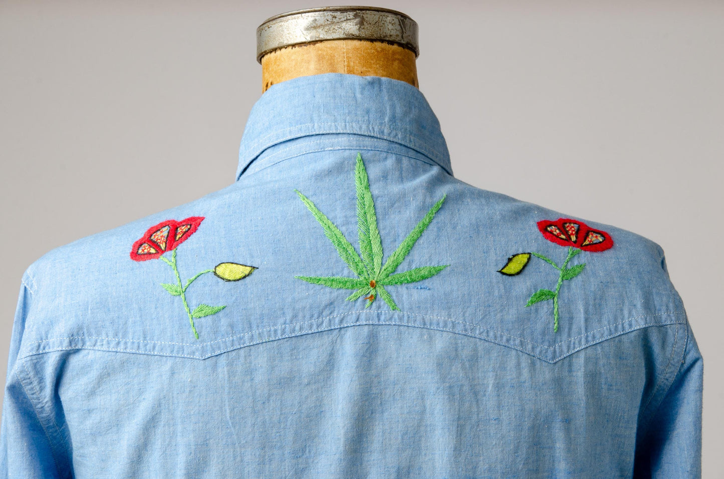 Vintage Embroidered Chambray Poppies and Weed Leaf Hippie Shirt