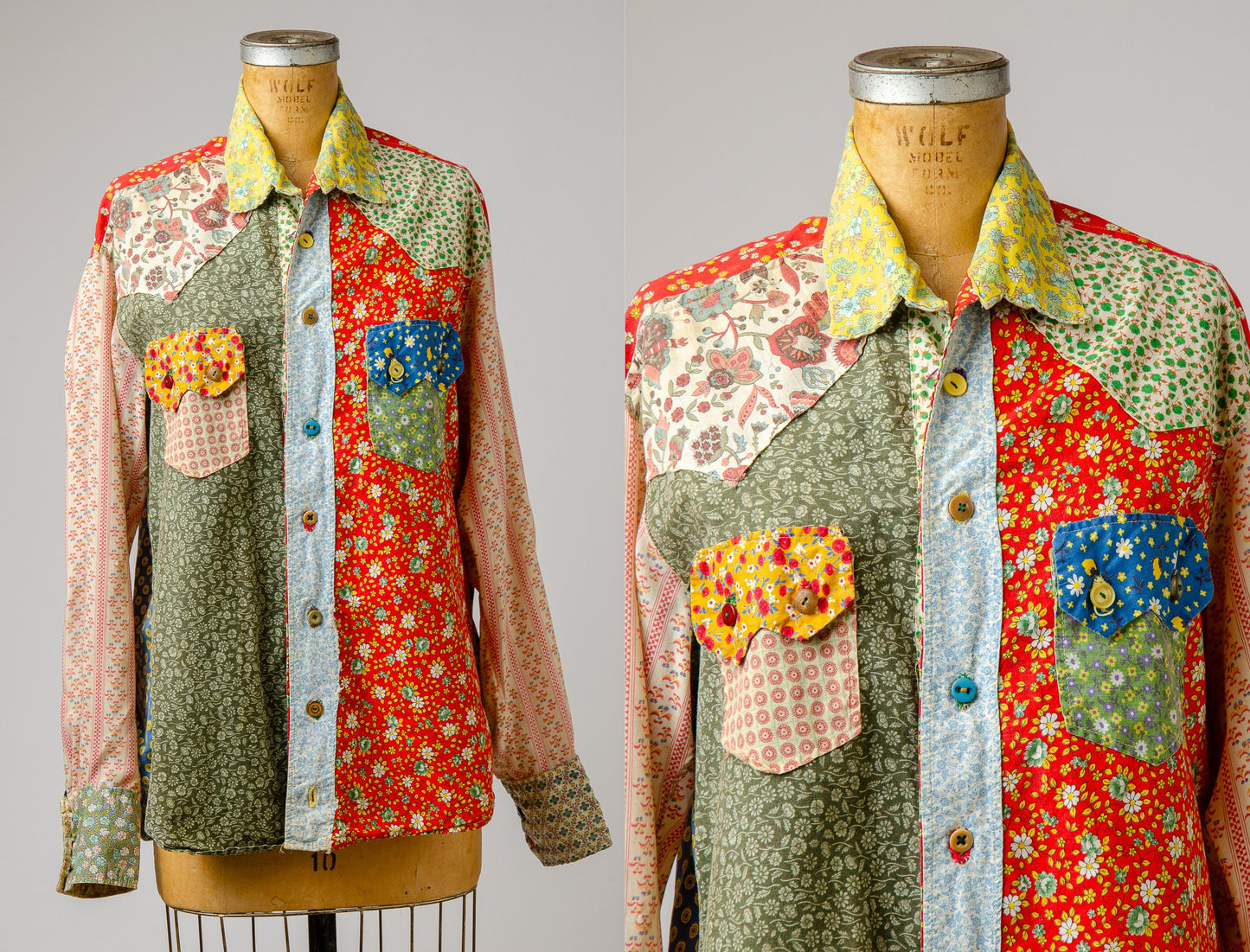 1970s Krazy Patchwork Pop Art Button Down Hippie Western Shirt