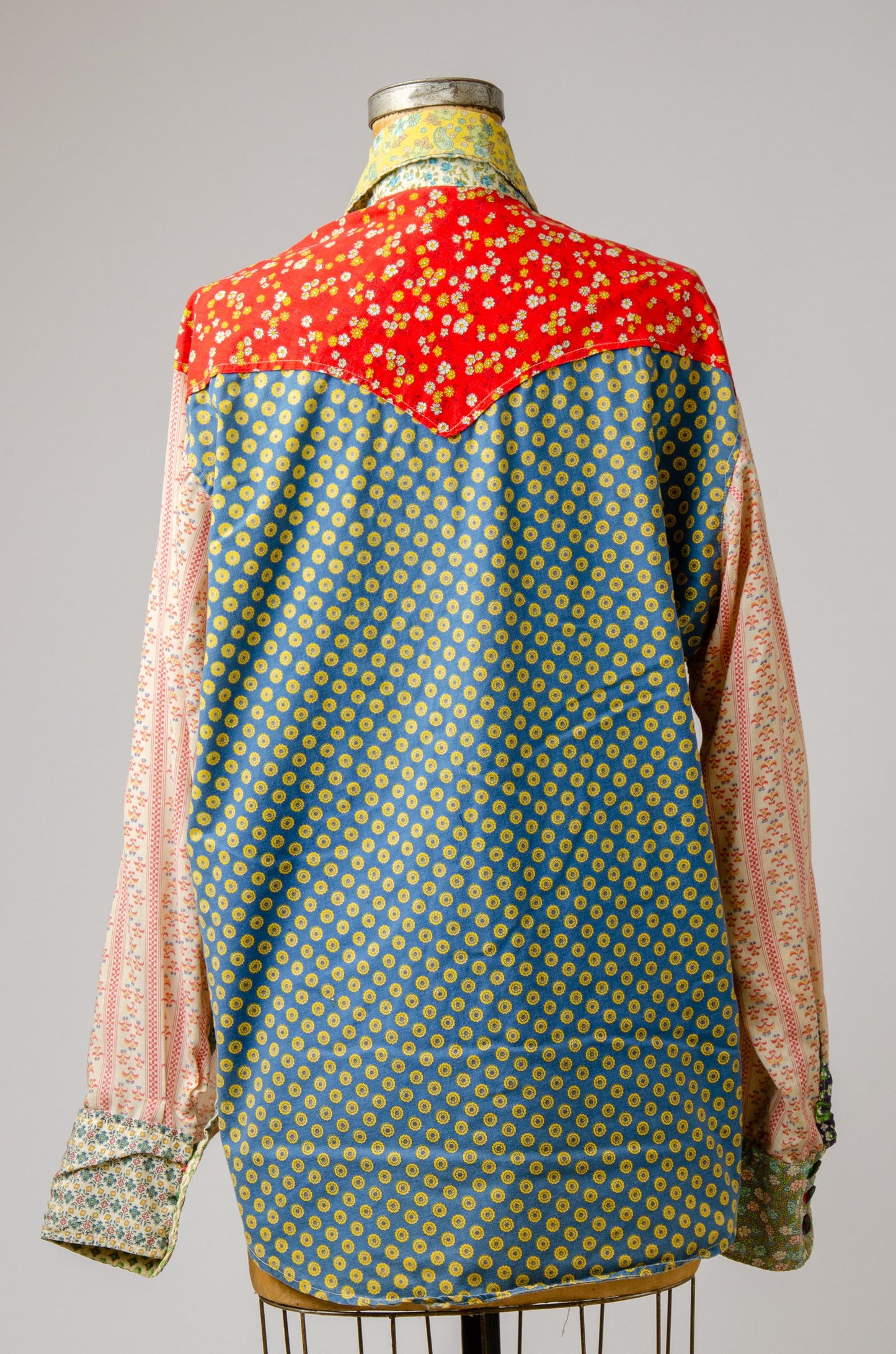 1970s Krazy Patchwork Pop Art Button Down Hippie Western Shirt