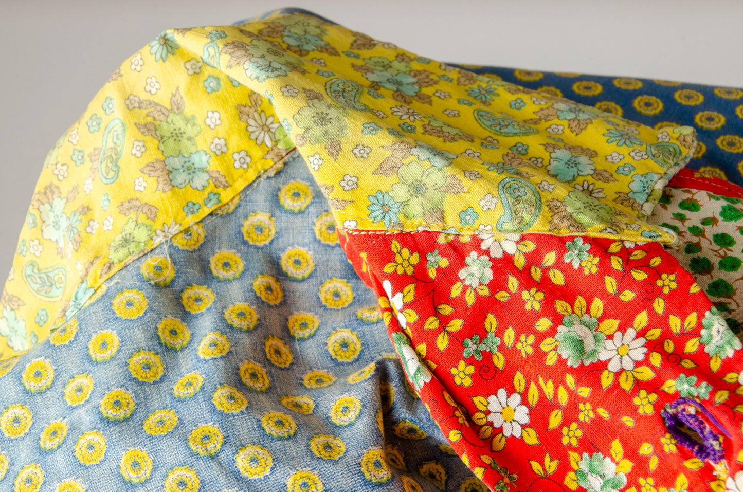 1970s Krazy Patchwork Pop Art Button Down Hippie Western Shirt