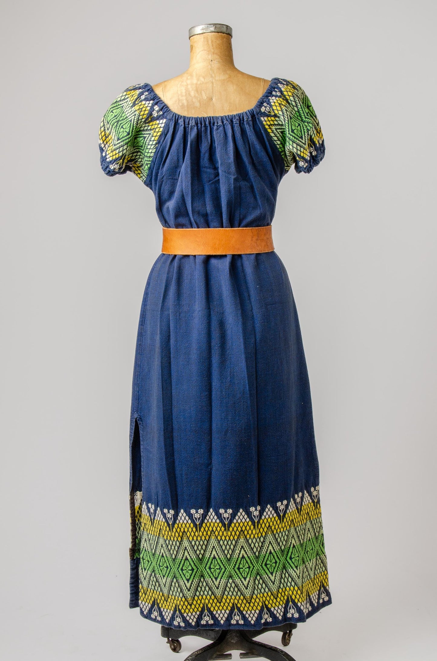 1960s Embroidered Guatemalan Off Shoulder Handloom Cotton Full Length Dress