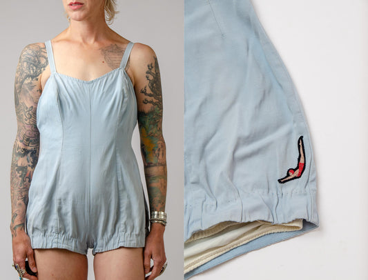 1940s Jantzen Swimsuit Powder Blue Sweetheart Pin Up One Piece Playsuit Large