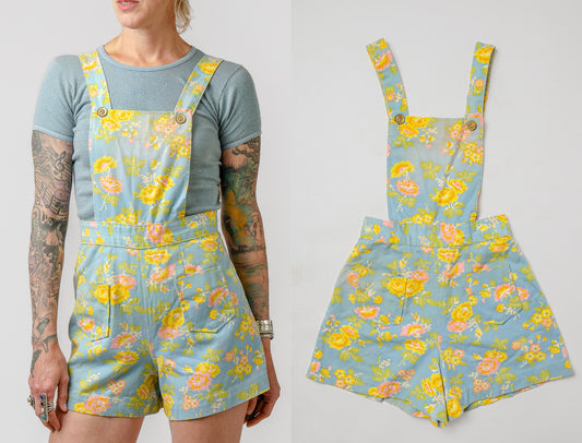 1970s Floral Denim Jumpsuit Hippie Overall Jumper W 25