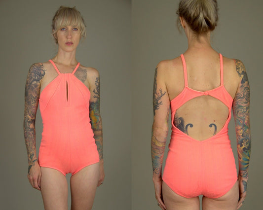 60s Swimsuit Neon Coral Open Back Mod One Piece Beach Party Playsuit Swimsuit