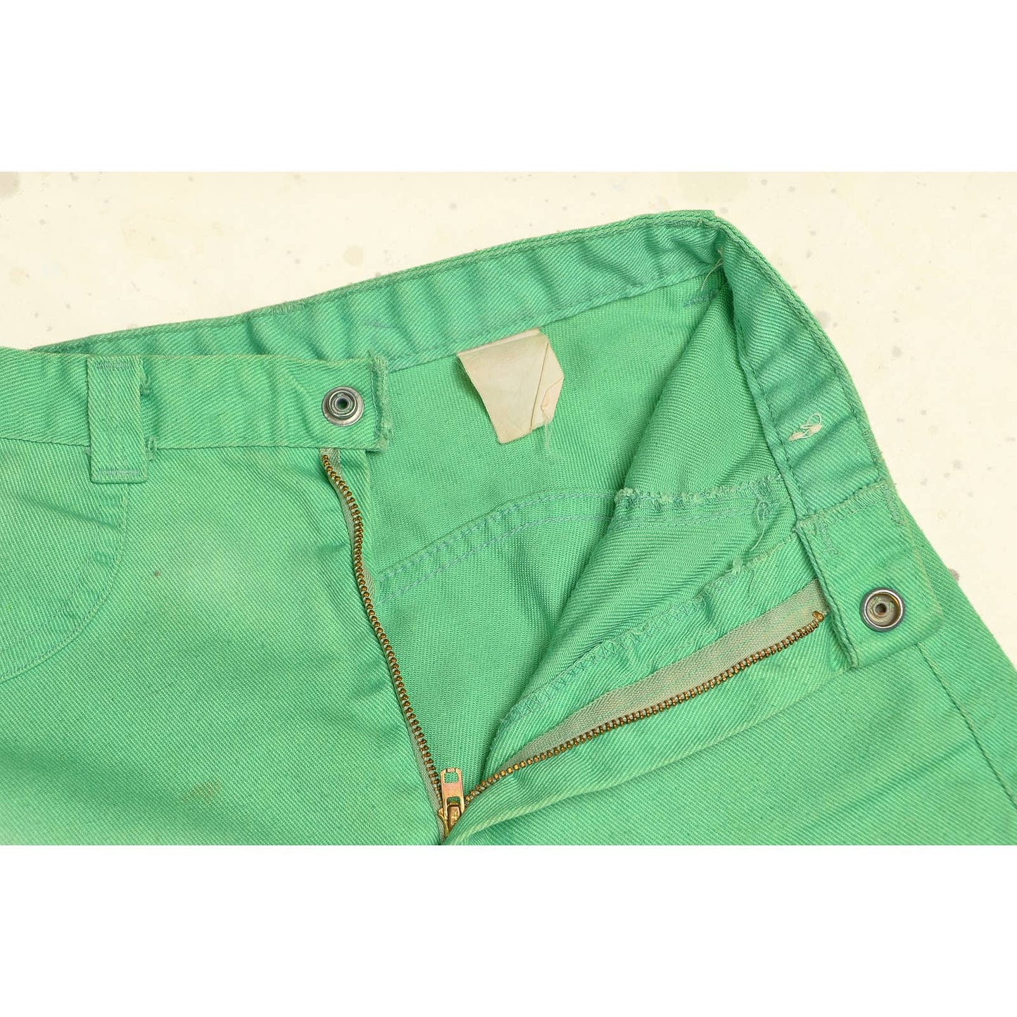 1970s Green Denim Bell Bottoms High Waisted Wide Leg Jeans 24 x 31