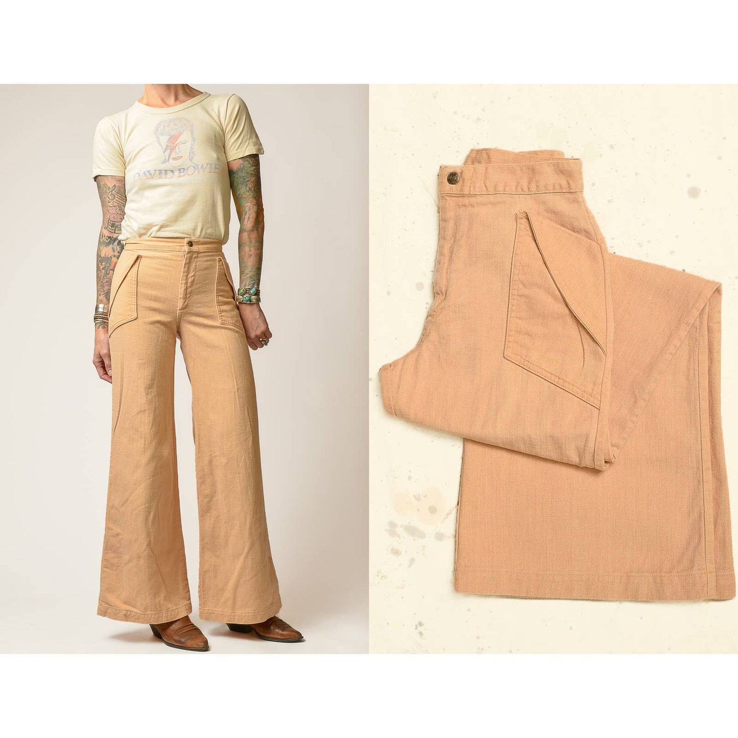 1970s Peach Denim Bell Bottoms High Waisted Wide Leg Jeans 26 x 31