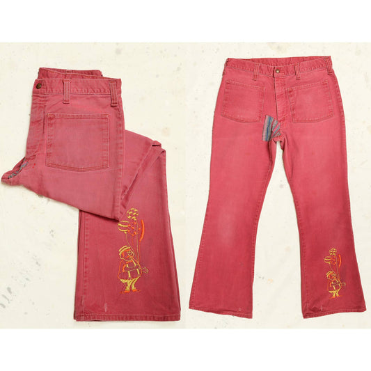 1970s Embroidered Sailor Jeans Red Denim Patched Up Hippie Jeans 31 x 30