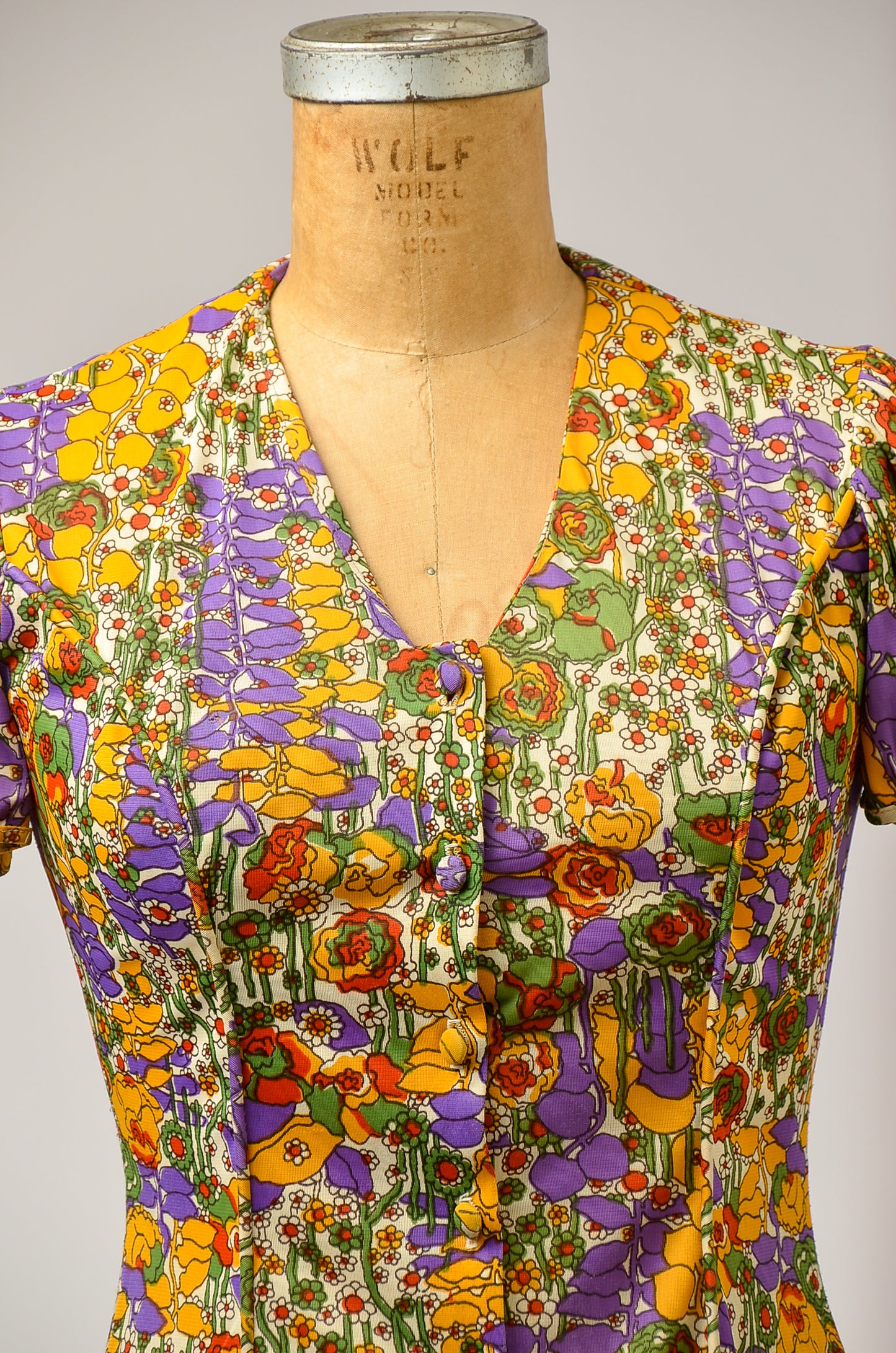 1960s Psychedelic Flowers Novelty Print Button Down Mini Dress