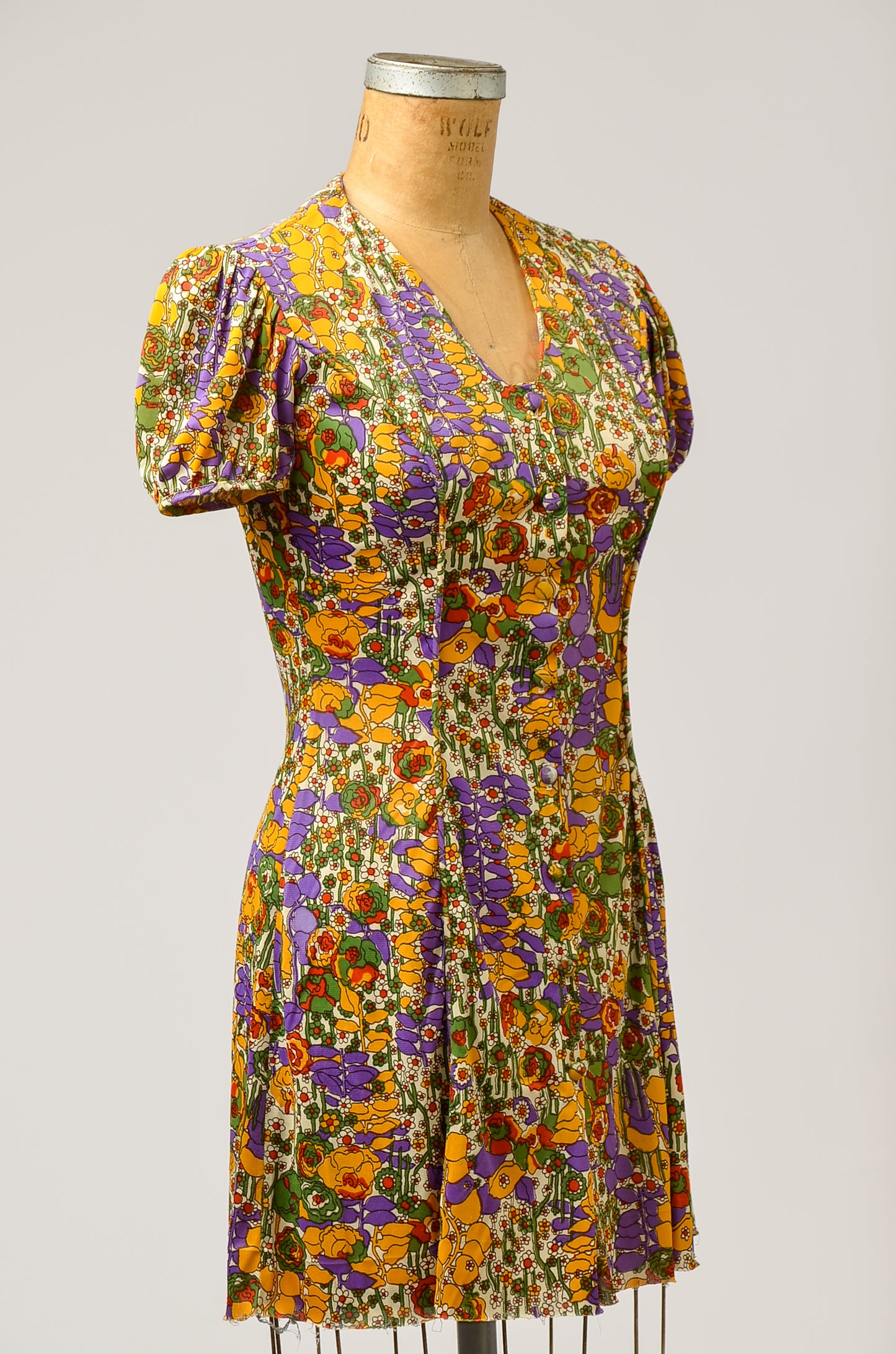 1960s Psychedelic Flowers Novelty Print Button Down Mini Dress