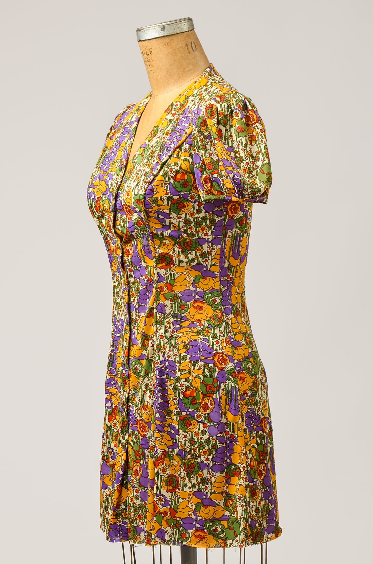 1960s Psychedelic Flowers Novelty Print Button Down Mini Dress