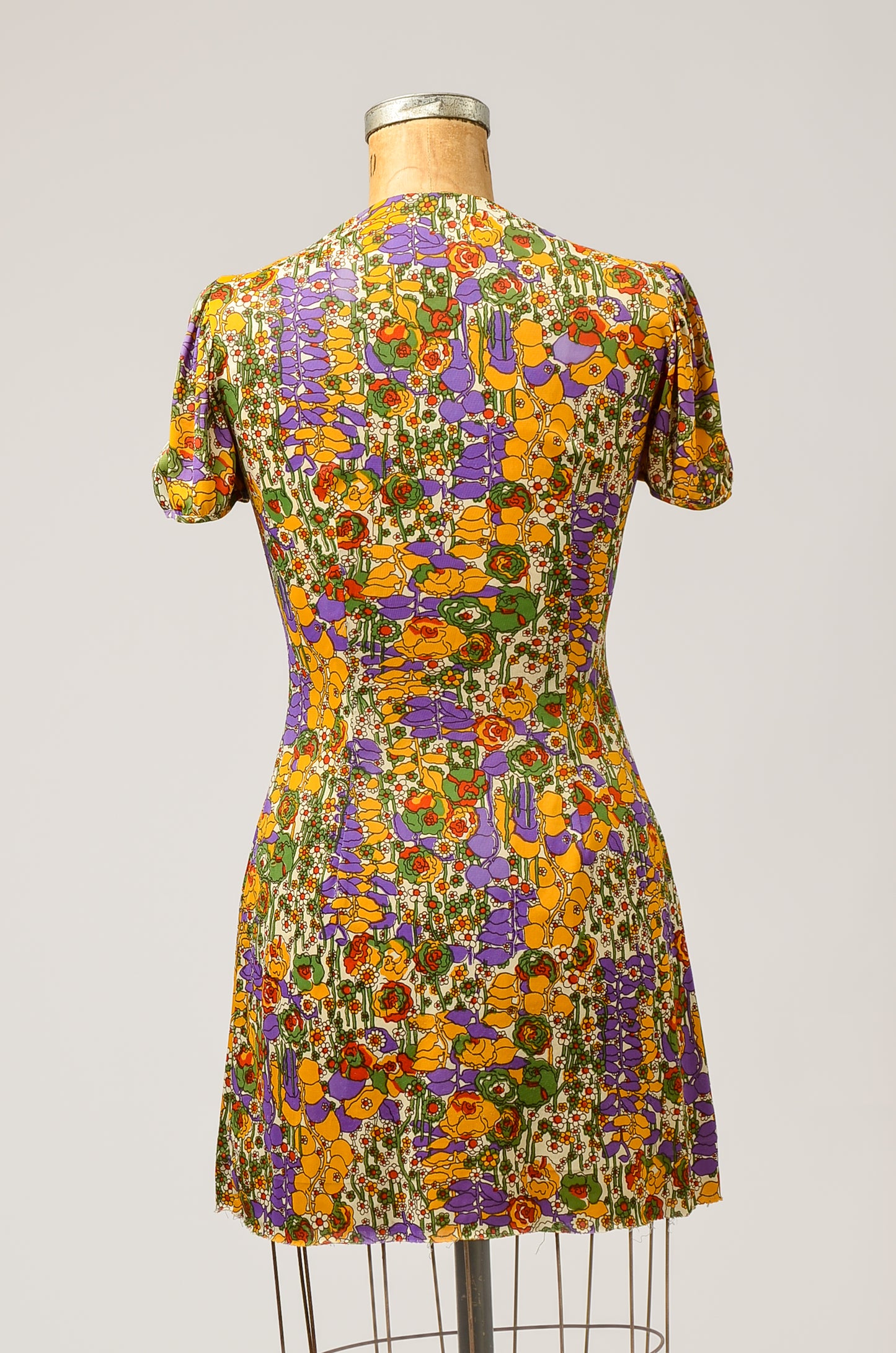 1960s Psychedelic Flowers Novelty Print Button Down Mini Dress