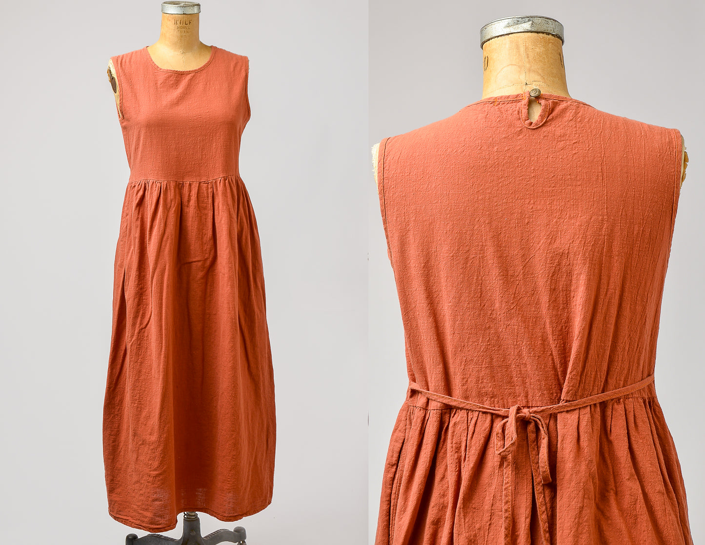 Rust Orange Empire Waist Cotton Linen Full Length Summer Dress