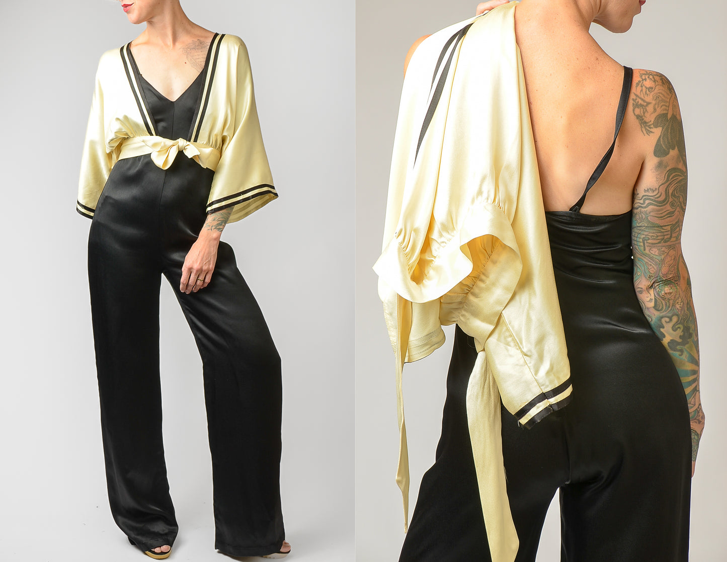 1970s Deco Jumpsuit Black Satin Two Piece Glam Wide Leg Jumpsuit