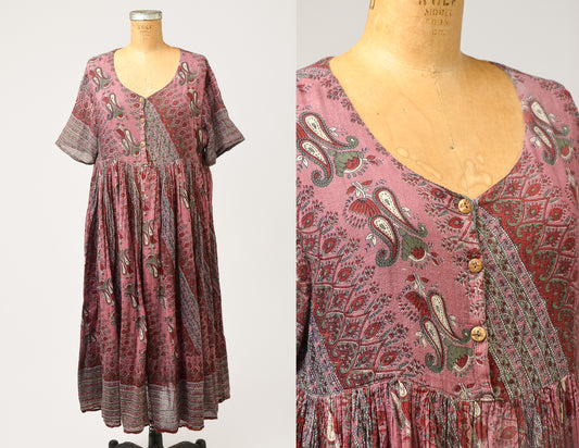 90s Indian Cotton Babydoll Dress Burgundy and Mauve Full Length Grunge Dress