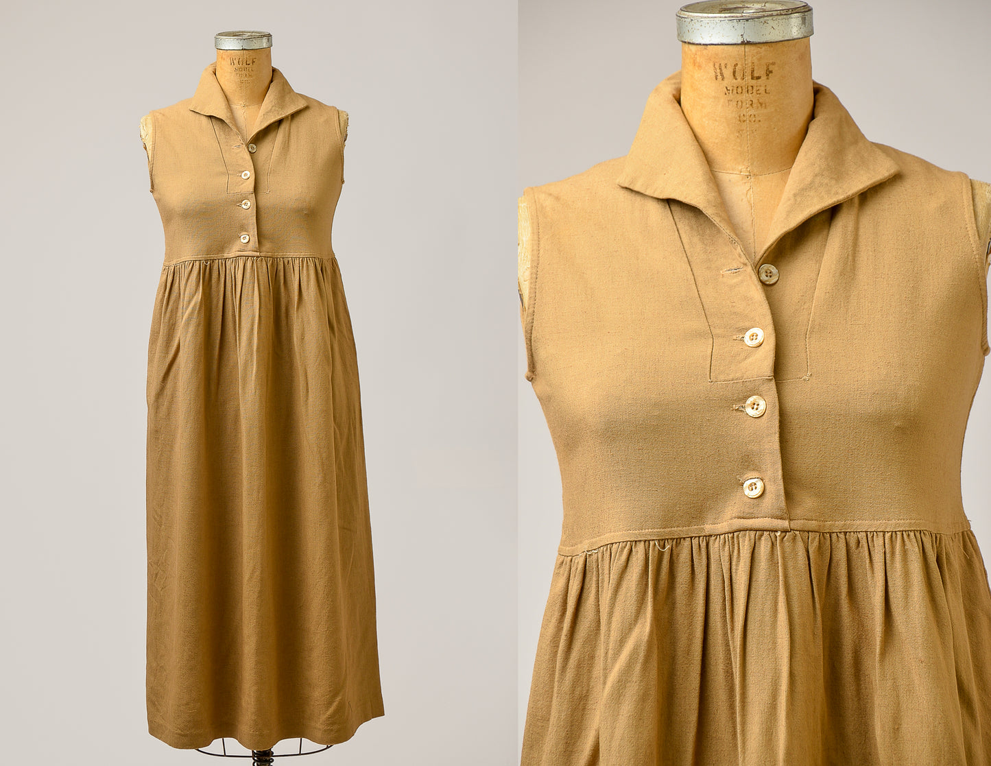 90s Mustard Yellow Empire Waist Linen Full Length Button Down Summer Dress