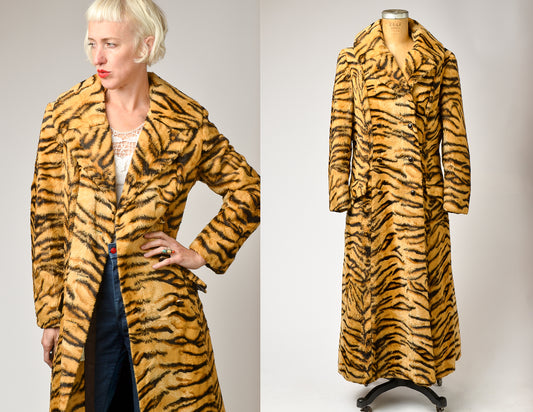 1970s Joseph I. Magnin Faux Tiger Fur Full Length Coat