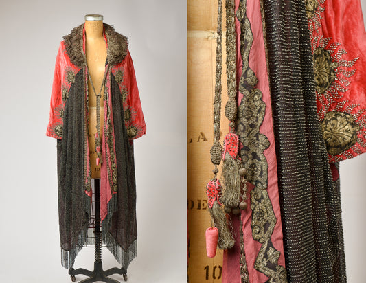 1920s Silk Velvet Opera Coat Heavily Beaded with Gold Embroidery Bohemian Flapper Coat