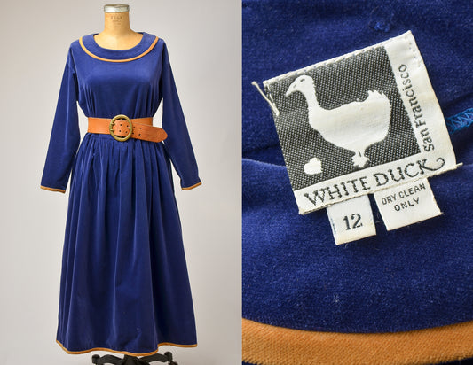 1970s Avant Garde Dress White Duck San Fransisco Blue and Gold Velvet Full Length Dress