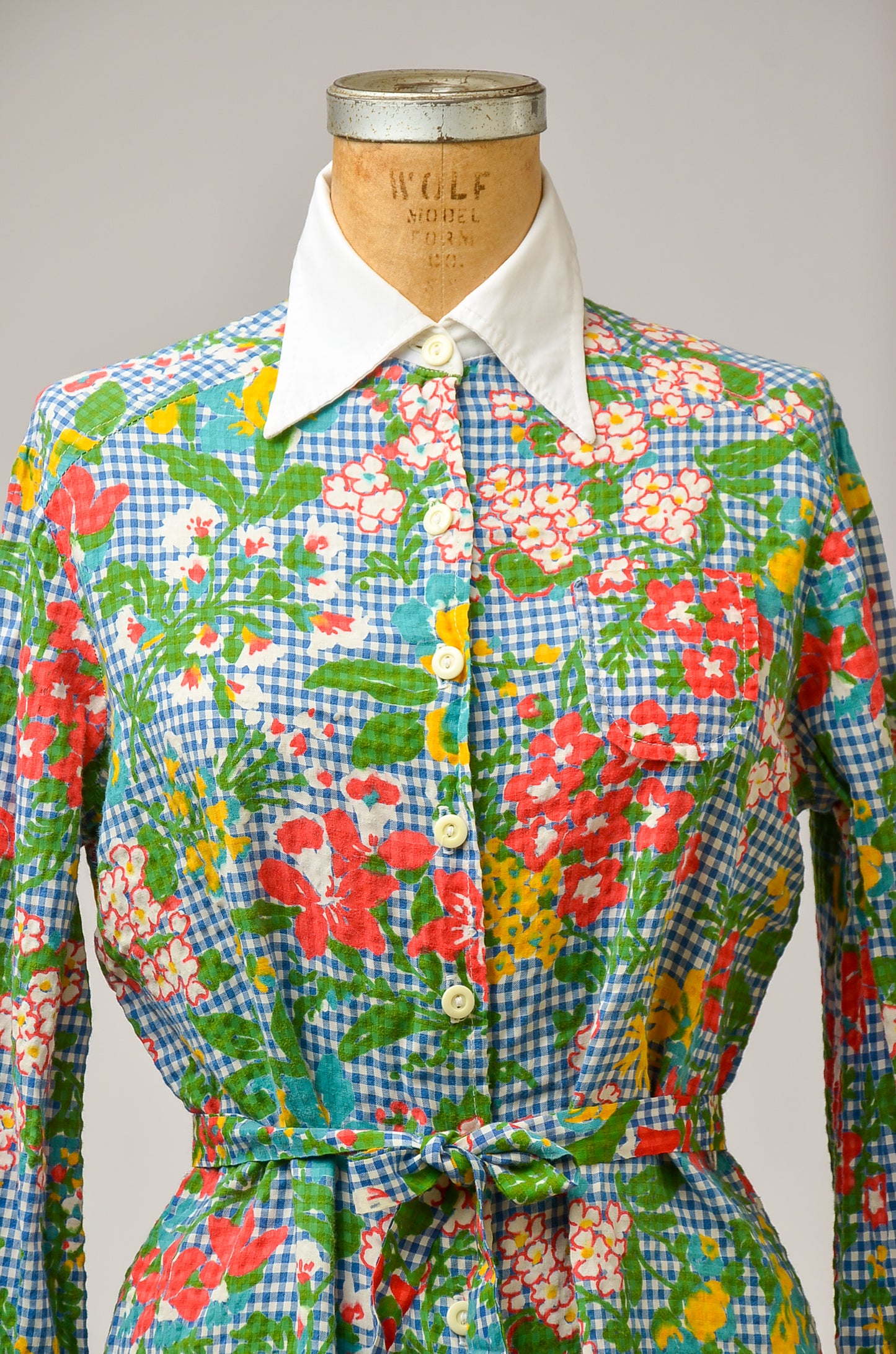 1970s Gingham Floral Button Down Shirt Dress