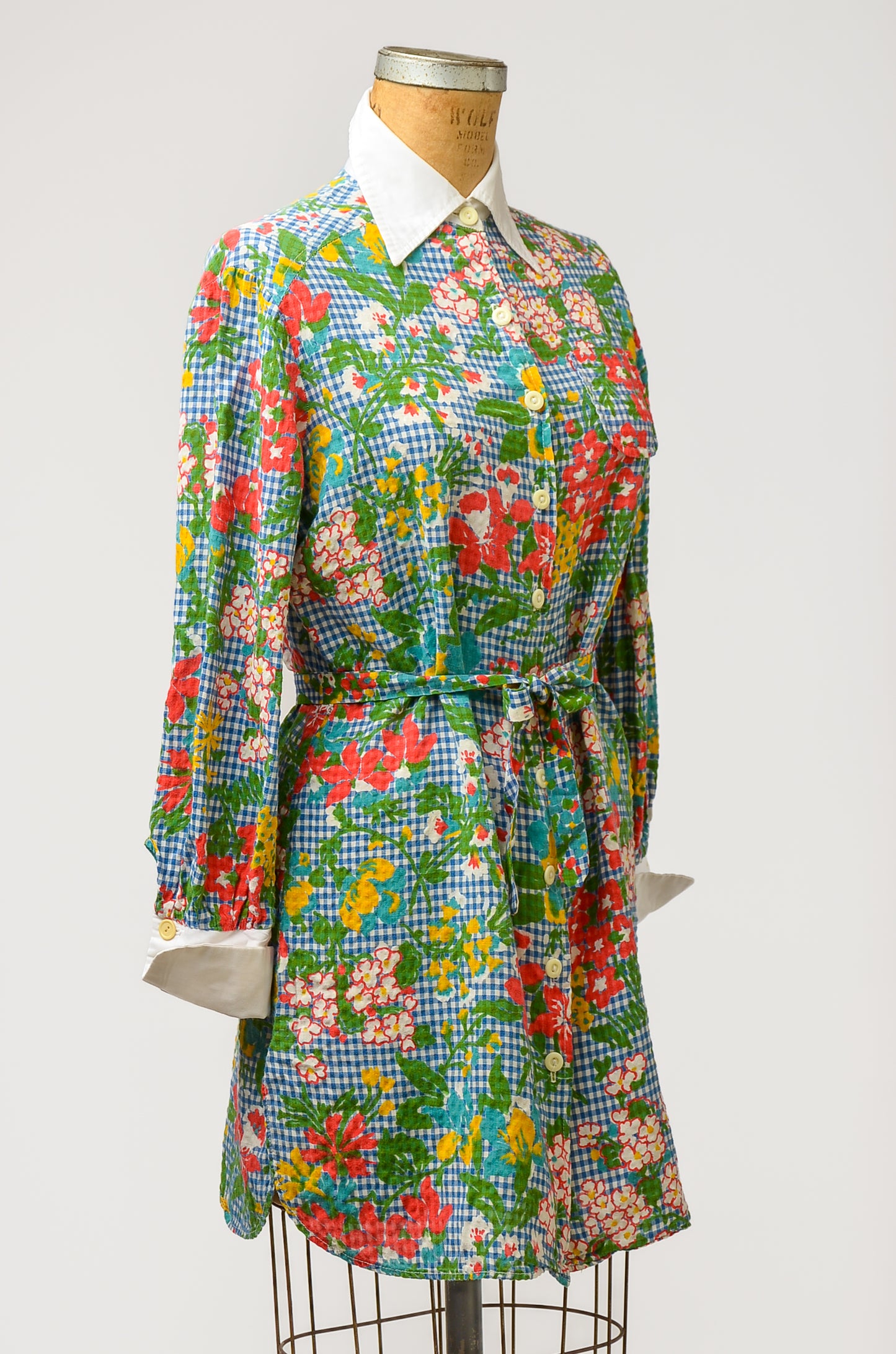 1970s Gingham Floral Button Down Shirt Dress