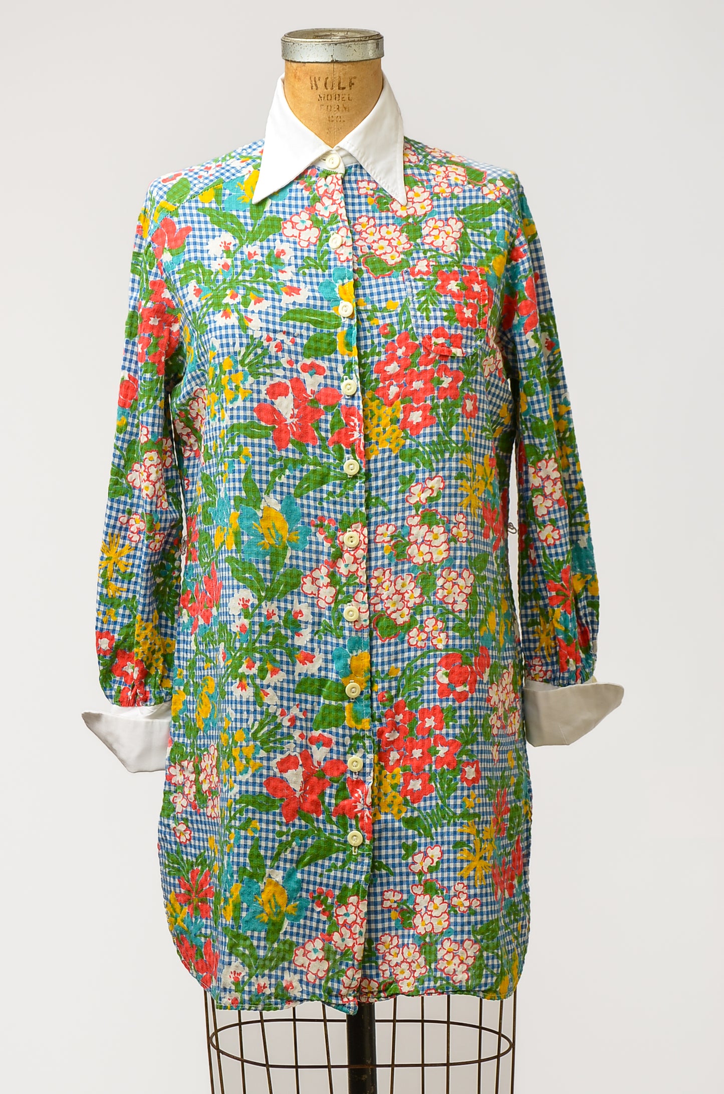 1970s Gingham Floral Button Down Shirt Dress