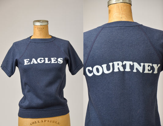 1970s Flocked School Sweatshirt Navy Blue Short Sleeve Sweatshirt