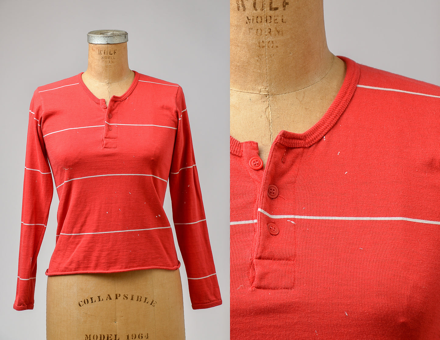 1970s Henley Shirt Red Stripe Long Sleeve Long John Shirt