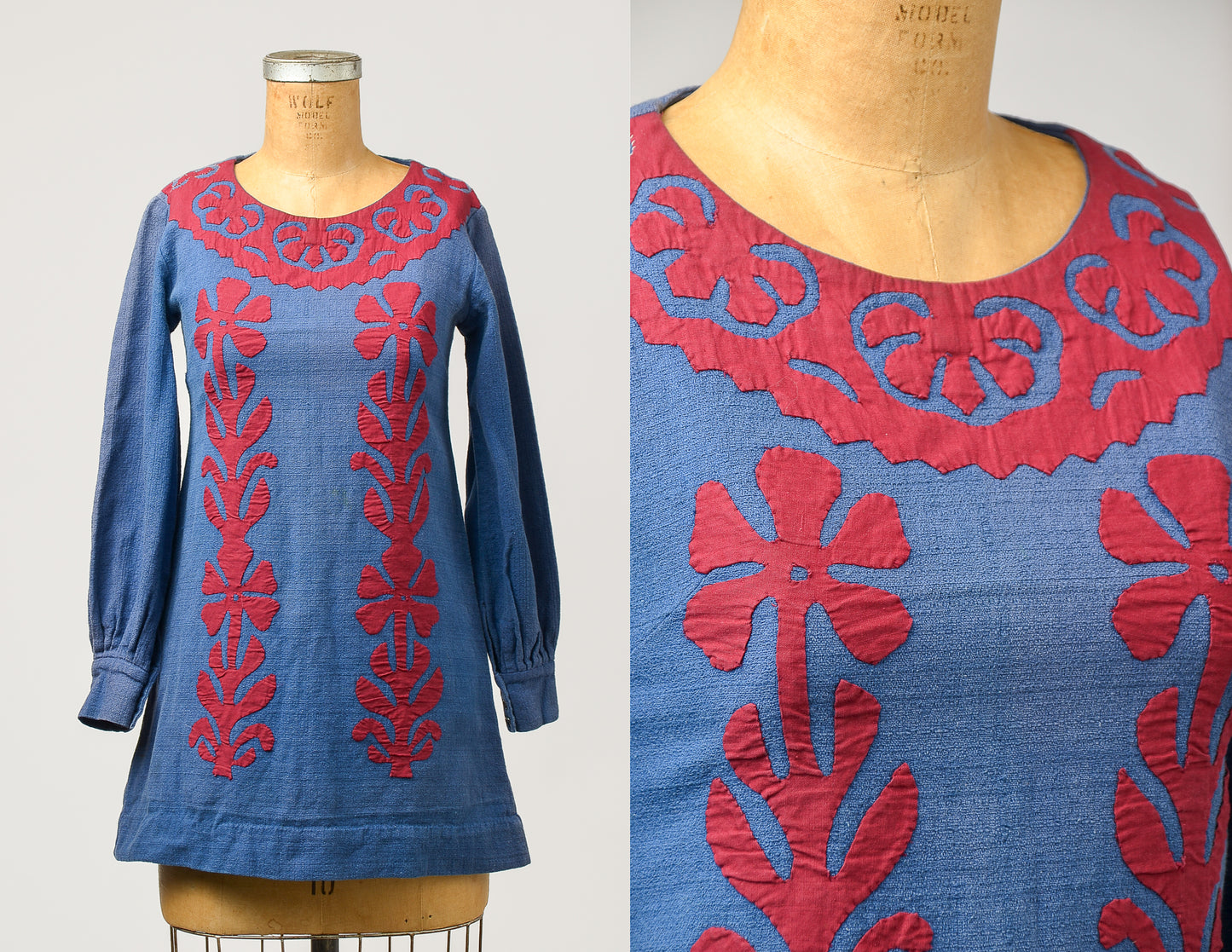 1960s Indian Jewel Mini Dress Blue Cotton Long Sleeve Dolly Dress