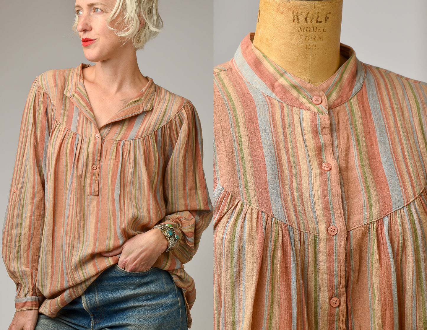 1970s Earth Stripes Gauzy Cotton Babydoll Blouse