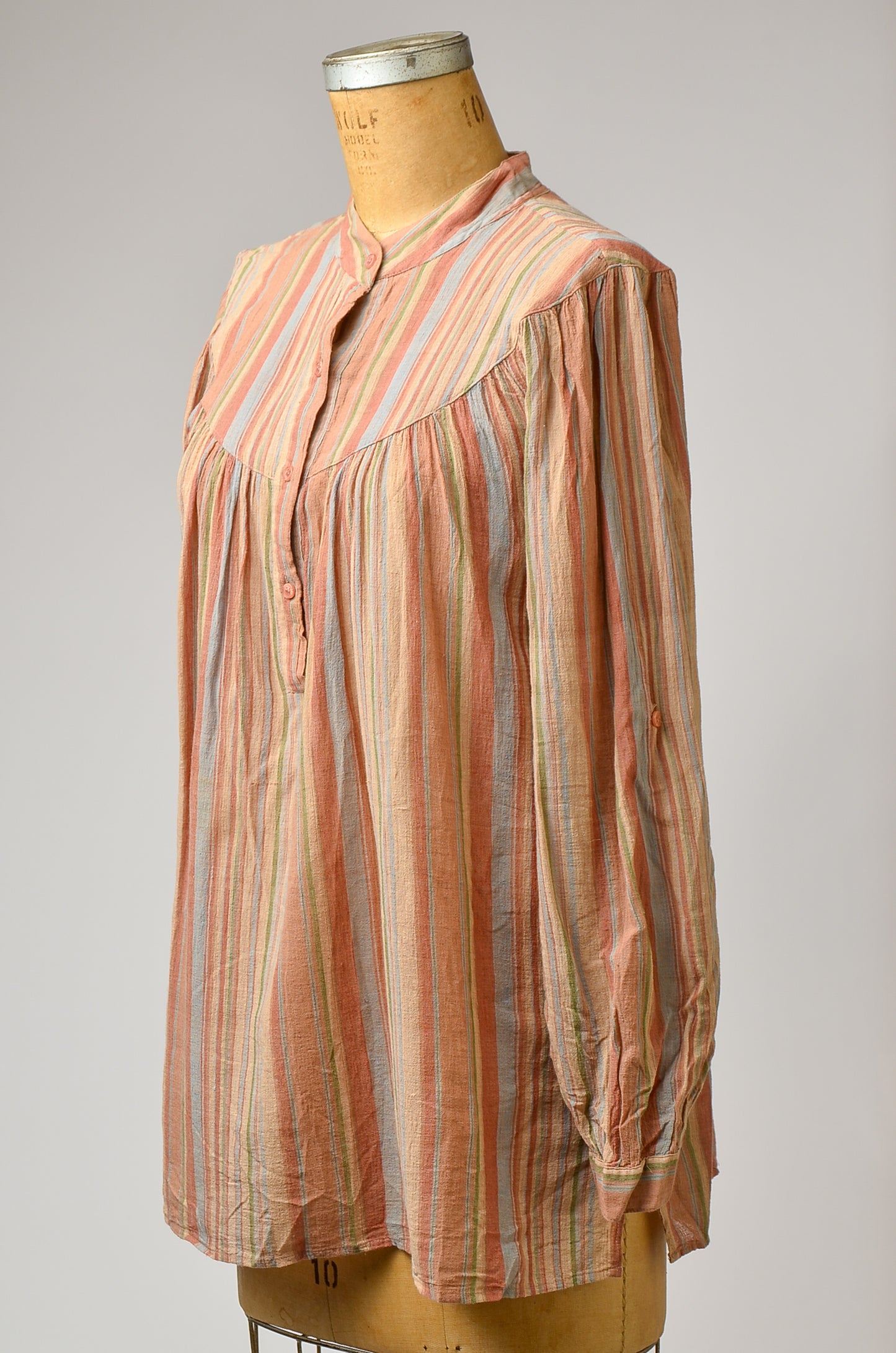 1970s Earth Stripes Gauzy Cotton Babydoll Blouse