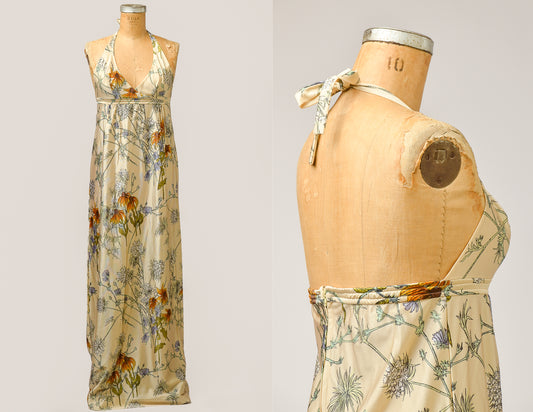 1970s Halter Dress Yellow Coneflower Print Full Length Open Back Bohemian Dress